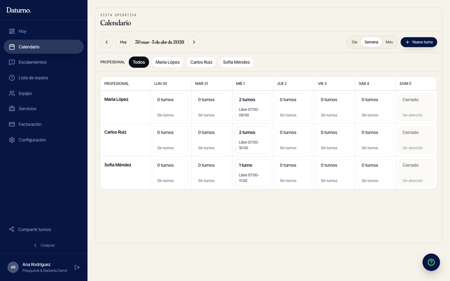 Vista del panel de administración de Daturno con control de disponibilidad y calendario.