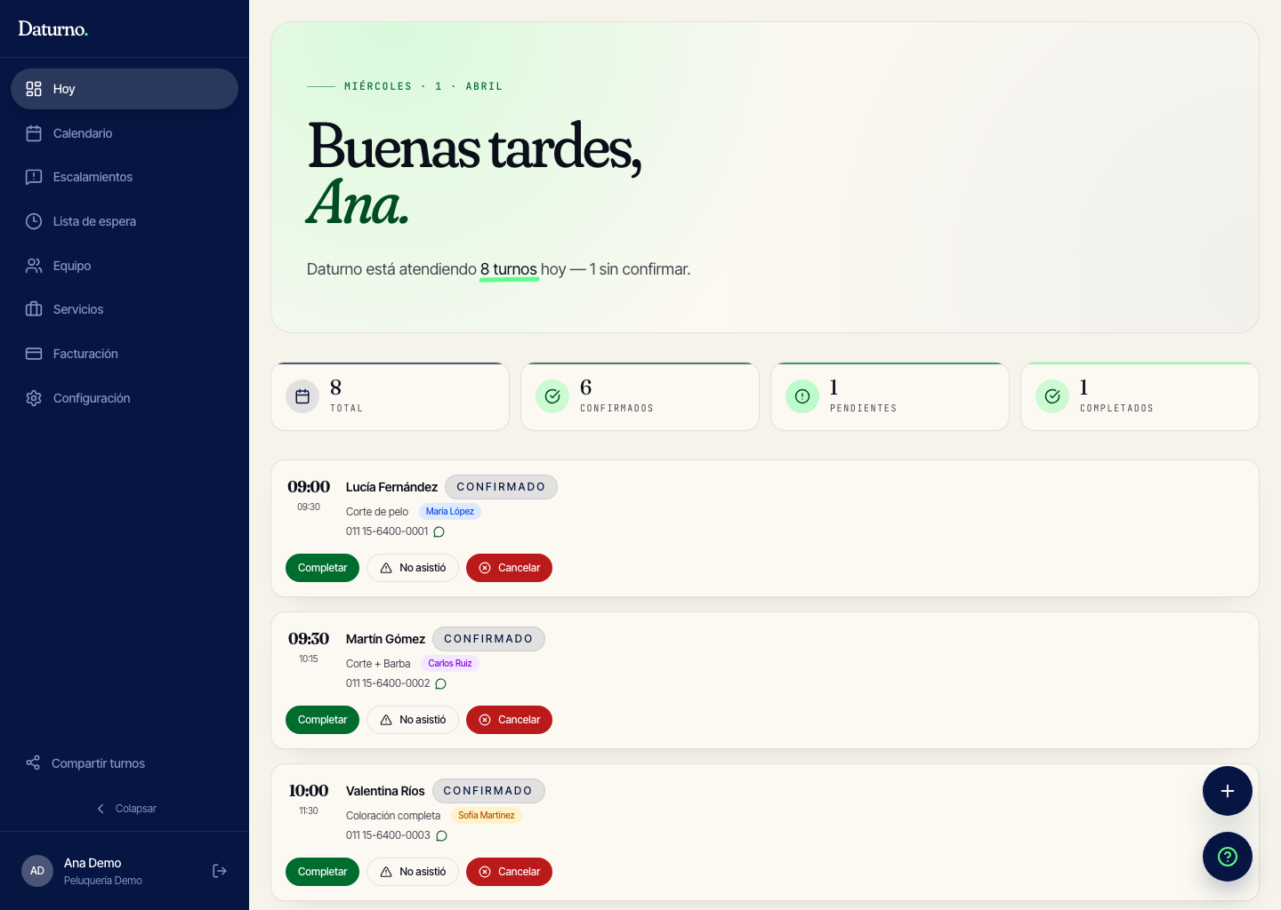 Vista del panel de administración de Daturno con la agenda del día.