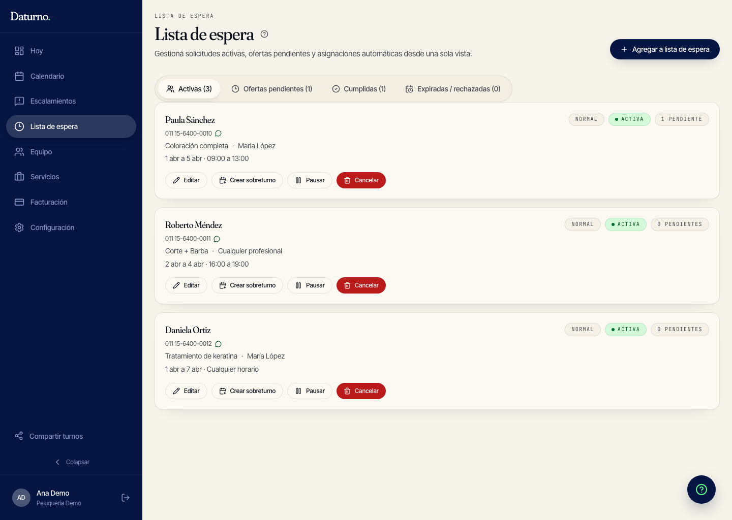 Vista del panel de administración de Daturno con lista de espera activa.